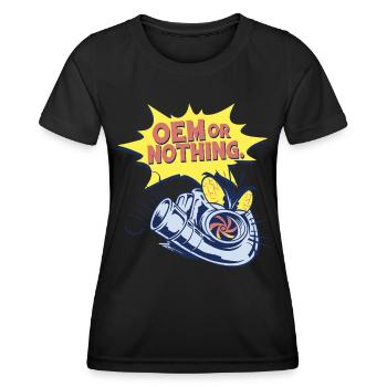 Auto Restauration OEM Or Nothing - Frauen Funktions-T-Shirt - Schwarz - Vorne - AI Model Female 172 light (172cm)