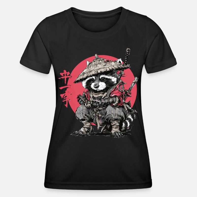 Raccoon Samurai in Red Circle - Women's Functional T-Shirt - black