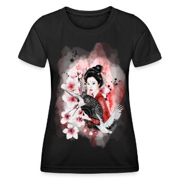 Geisha Sakura Japanisches Motiv Aquarell - Frauen Funktions-T-Shirt - Schwarz - Vorne - AI Model Female 172 light (172cm)