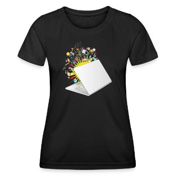 Ein halb geöffneter Laptop mit vielen Symbolen - Frauen Funktions-T-Shirt - Schwarz - Vorne - AI Model Female 172 light (172cm)