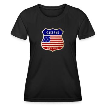 Oakland USA United States Coat of Arms Flags - Women's Functional T-Shirt - black - Front - AI Model Female 172 light (172cm)