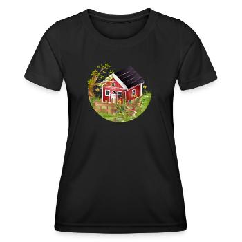 small red house with garden in spring - Women's Functional T-Shirt - black - Front - AI Model Female 172 light (172cm)