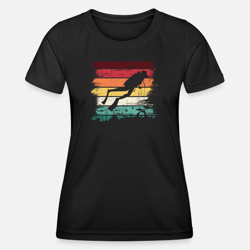 Diver Silhouette on Retro Rainbow Stripes - Women's Functional T-Shirt - black