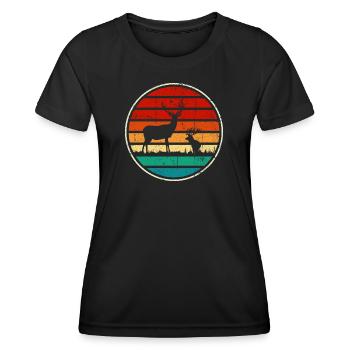 Retrowave-Sonnenuntergangs-Hirschkreis - Frauen Funktions-T-Shirt - Schwarz - Vorne - AI Model Female 172 light (172cm)