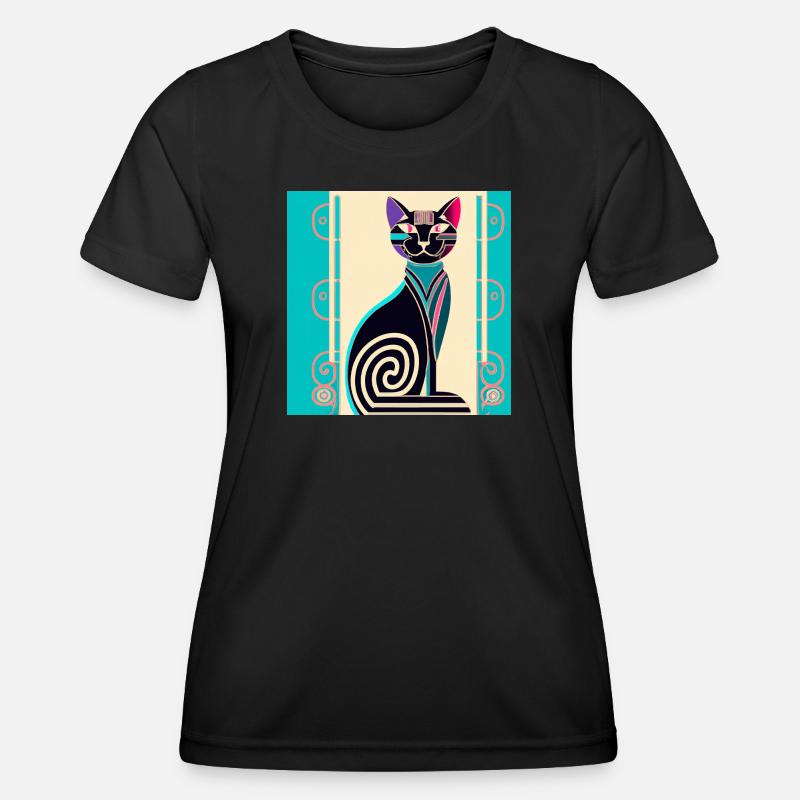 Neon Spiral Cat Art Deco - Women's Functional T-Shirt - black