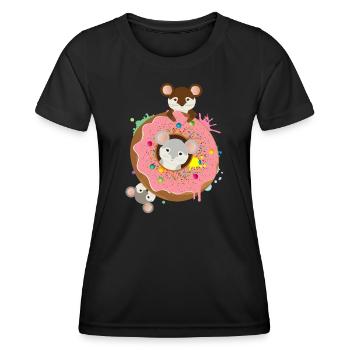 drei putzige Mäuse und ein Donut mit rosa Glasur - Frauen Funktions-T-Shirt - Schwarz - Vorne - AI Model Female 172 light (172cm)