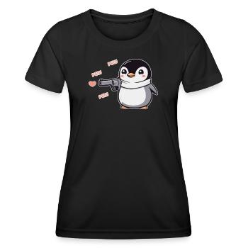 Pinguin mit Pistole Herzen Pew Pew Pew - Frauen Funktions-T-Shirt - Schwarz - Vorne - AI Model Female 172 light (172cm)