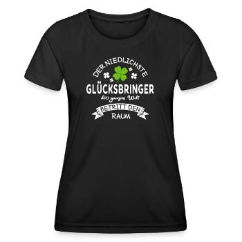 Glücksbringer betritt den Raum Kleeblatt Spruch - Frauen Funktions-T-Shirt - Schwarz - Vorne - AI Model Female 172 light (172cm)