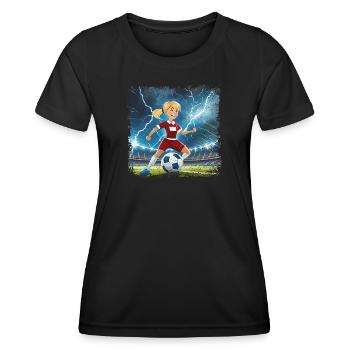 Fussballerin Comicfigur Stadion mit Blitzen - Frauen Funktions-T-Shirt - Schwarz - Vorne - AI Model Female 172 light (172cm)