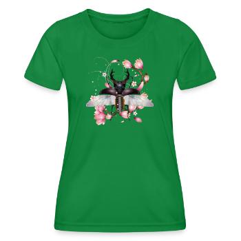 prächtiger Hirschkäfer mit Flügel & Magnolienblüte - Frauen Funktions-T-Shirt - Kelly Green - Vorne - AI Model Female 172 dark (172cm)