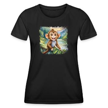 Mignon jeune singe, joyeux au bord de la rivière - T-shirt sport Femme - noir - Devant - AI Model Female 172 light (172cm)