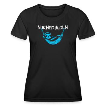 Nur ned hudln – Faultier in der Hängematte - Frauen Funktions-T-Shirt - Schwarz - Vorne - AI Model Female 172 light (172cm)