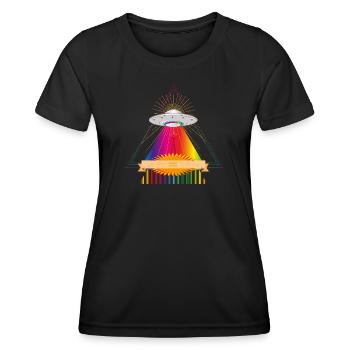 UFO über einem leuchtenden Regenbogendreieck - Frauen Funktions-T-Shirt - Schwarz - Vorne - AI Model Female 172 light (172cm)
