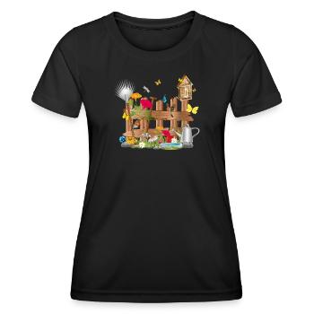liebevoll gestalteter bunter Gartenzaun mit Blumen - Frauen Funktions-T-Shirt - Schwarz - Vorne - AI Model Female 172 light (172cm)