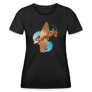 Surfbrett Holzdesign mit Surfing Typografie - Frauen Funktions-T-Shirt - Schwarz - Vorne - AI Model Female 172 light (172cm)