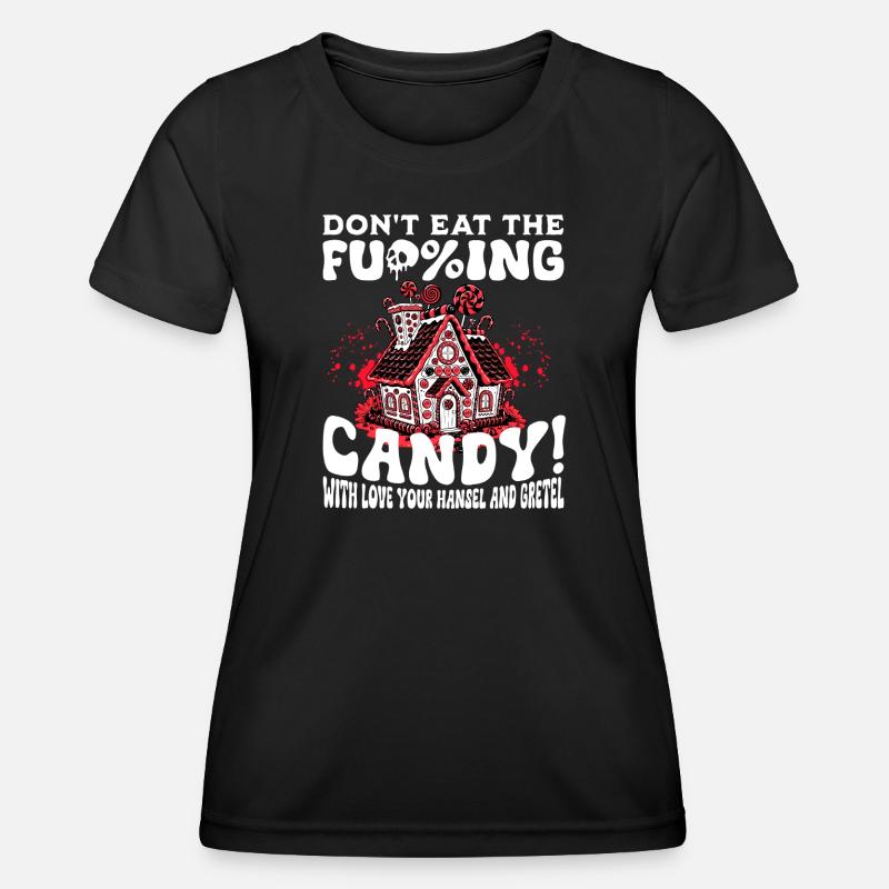 Gingerbread house with candy canes and slogans - Women's Functional T-Shirt - black