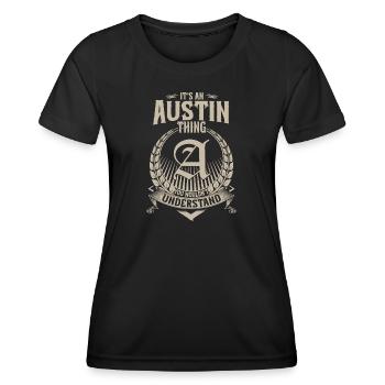 Austin Thing Emblem - Frauen Funktions-T-Shirt - Schwarz - Vorne - AI Model Female 172 light (172cm)