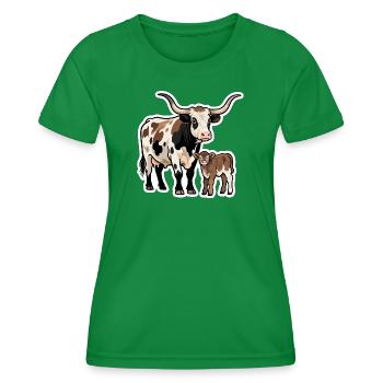 Longhorn with Calf – Western Style Design - Women's Functional T-Shirt - kelly green - Front - AI Model Female 172 dark (172cm)