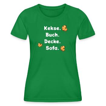 Biscuits. Book. Ceiling. Sofa. - Women's Functional T-Shirt - kelly green - Front - AI Model Female 172 dark (172cm)