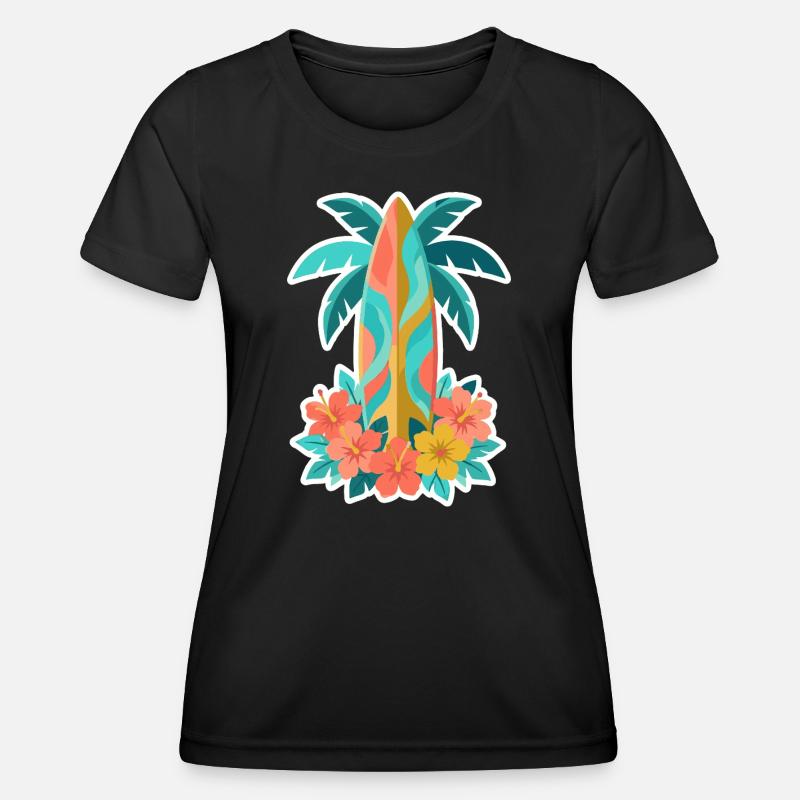 Tropical Surfboard Hibiscus Bloom - Women's Functional T-Shirt - black
