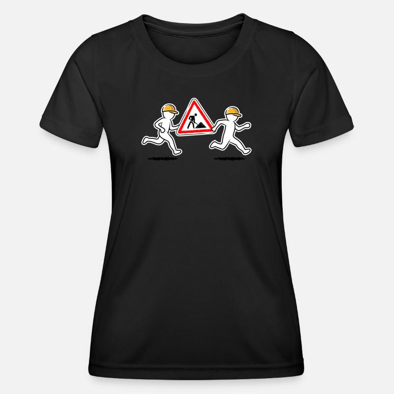 Two construction workers carry a construction site sign - Women's Functional T-Shirt - black