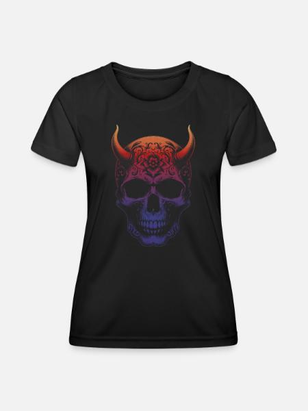 Totenkopf mit Hörnern - Frauen Funktions-T-Shirt - Schwarz