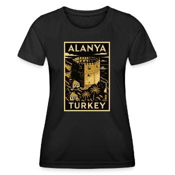 Alanya Turkey – Affiche de voyage en linogravure dorée/noire - T-shirt sport Femme - noir - Devant - AI Model Female 172 light (172cm)