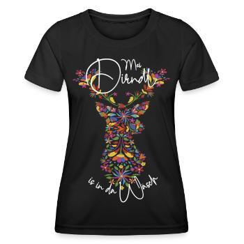 My Dirndl is in da Wäsch Trachtenshirt Hirsch - Frauen Funktions-T-Shirt - Schwarz - Vorne - AI Model Female 172 light (172cm)