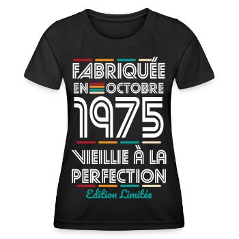 Anniversaire 50 ans - Fabriquée en Octobre 1975 - T-shirt sport Femme - noir - Devant - AI Model Female 172 light (172cm)