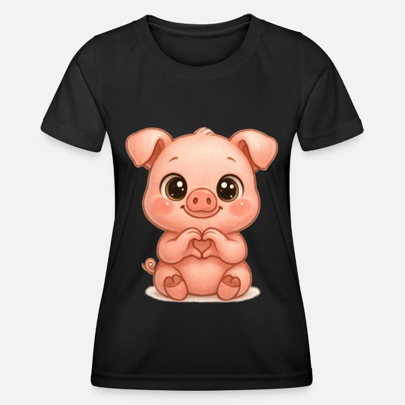 Cute Pig with Heart Hands - Women's Functional T-Shirt - black