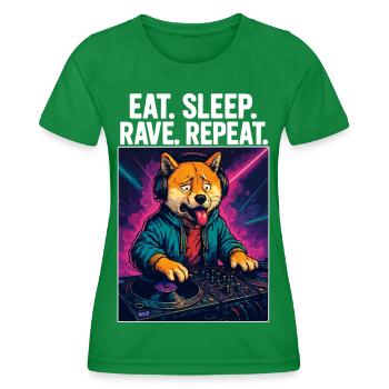 Shiba Inu DJ: Eat Sleep Rave Repeat Streetwear - Frauen Funktions-T-Shirt - Kelly Green - Vorne - AI Model Female 172 dark (172cm)
