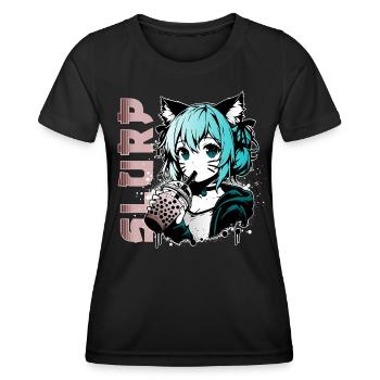 Anime Manga // Girl Drinks Bubble Tea // AS016 - Women's Functional T-Shirt - black - Front - AI Model Female 172 light (172cm)