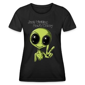 Just Visiting Don't Worry - Funny Alien Design - Women's Functional T-Shirt - black - Front - AI Model Female 172 light (172cm)