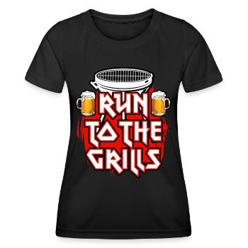 Courir aux grillades - Grillades - Bière - Fête des pères - T-shirt sport Femme - noir - Devant - AI Model Female 172 light (172cm)