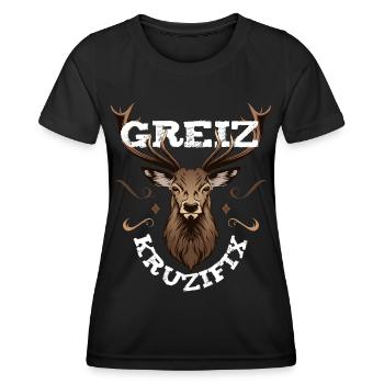 Greiz Kruzifix Fluchen bayrischer Dialekt Hirsch - Frauen Funktions-T-Shirt - Schwarz - Vorne - AI Model Female 172 light (172cm)