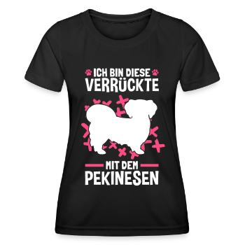 Verrückte mit Pekinese Peking-Palasthund - Frauen Funktions-T-Shirt - Schwarz - Vorne - AI Model Female 172 light (172cm)