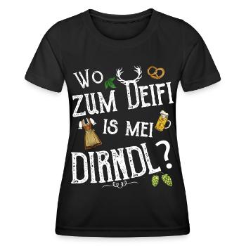 Wo zum Deifi is mei Dirndl Ersatz Tracht Wiesn - Frauen Funktions-T-Shirt - Schwarz - Vorne - AI Model Female 172 light (172cm)