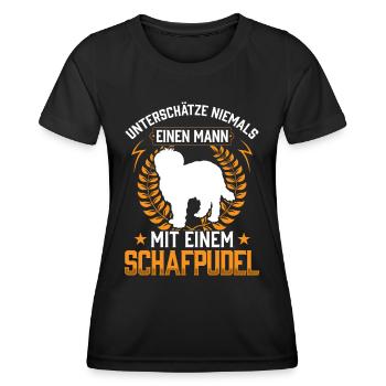 Mann mit Schafpudel unterschätzen Hütepudel - Frauen Funktions-T-Shirt - Schwarz - Vorne - AI Model Female 172 light (172cm)