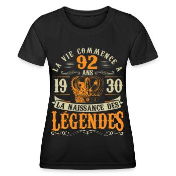 Anniv 92 ans Anniversaire 1930 - T-shirt sport Femme - noir - Devant - AI Model Female 172 light (172cm)