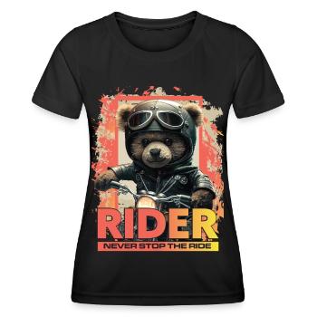 Motorrad Biker-Brich die Fahrt niemals ab Teddybär - Frauen Funktions-T-Shirt - Schwarz - Vorne - AI Model Female 172 light (172cm)