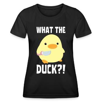 Qu’est-ce que le canard? Canard au couteau - Ente mit Messer - T-shirt sport Femme - noir - Devant - AI Model Female 172 light (172cm)