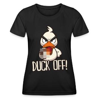 Duck Off! Funny duck with middle finger saying - Women's Functional T-Shirt - black - Front - AI Model Female 172 light (172cm)