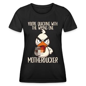 Motherducker Lustige Ente mit Mittelfinger Spruch - Frauen Funktions-T-Shirt - Schwarz - Vorne - AI Model Female 172 light (172cm)