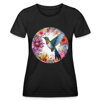 Exotic bird hummingbird with floral pattern flowers - Women's Functional T-Shirt - black - Front - AI Model Female 172 light (172cm)