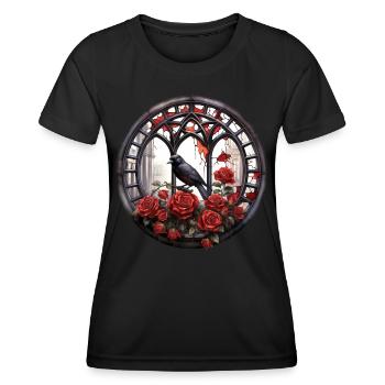 Gothic Rabe Krähe Mystisch Blumen Fenster - Frauen Funktions-T-Shirt - Schwarz - Vorne - AI Model Female 172 light (172cm)