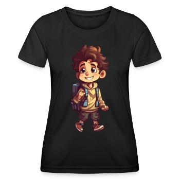 Cute first grader boy and daycare kid with backpack - Women's Functional T-Shirt - black - Front - AI Model Female 172 light (172cm)