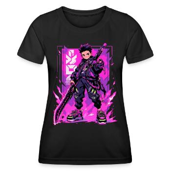 Shibuya: Cooler Anime Junge mit Schwert Japanisch - Frauen Funktions-T-Shirt - Schwarz - Vorne - AI Model Female 172 light (172cm)