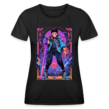 Shibuya: Cooler Anime Junge mit Schwert Japanisch - Frauen Funktions-T-Shirt - Schwarz - Vorne - AI Model Female 172 light (172cm)