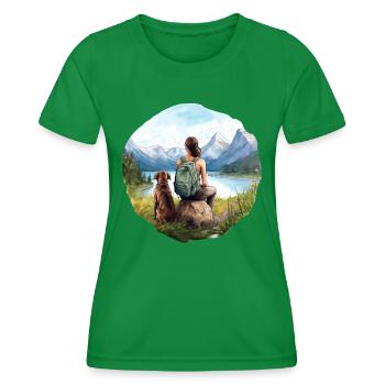 Femme avec chien Randonnée Montagnes en plein air Lac - T-shirt sport Femme - vert - Devant - AI Model Female 172 dark (172cm)