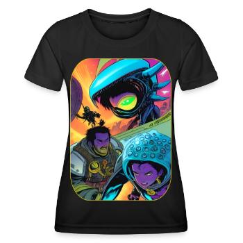 Science fiction cartoon with aliens and astronauts - Women's Functional T-Shirt - black - Front - AI Model Female 172 light (172cm)